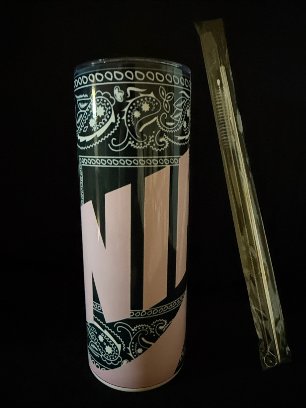 Tumbler Pink and Black Decorative Tumbler with Straw - Home Accents